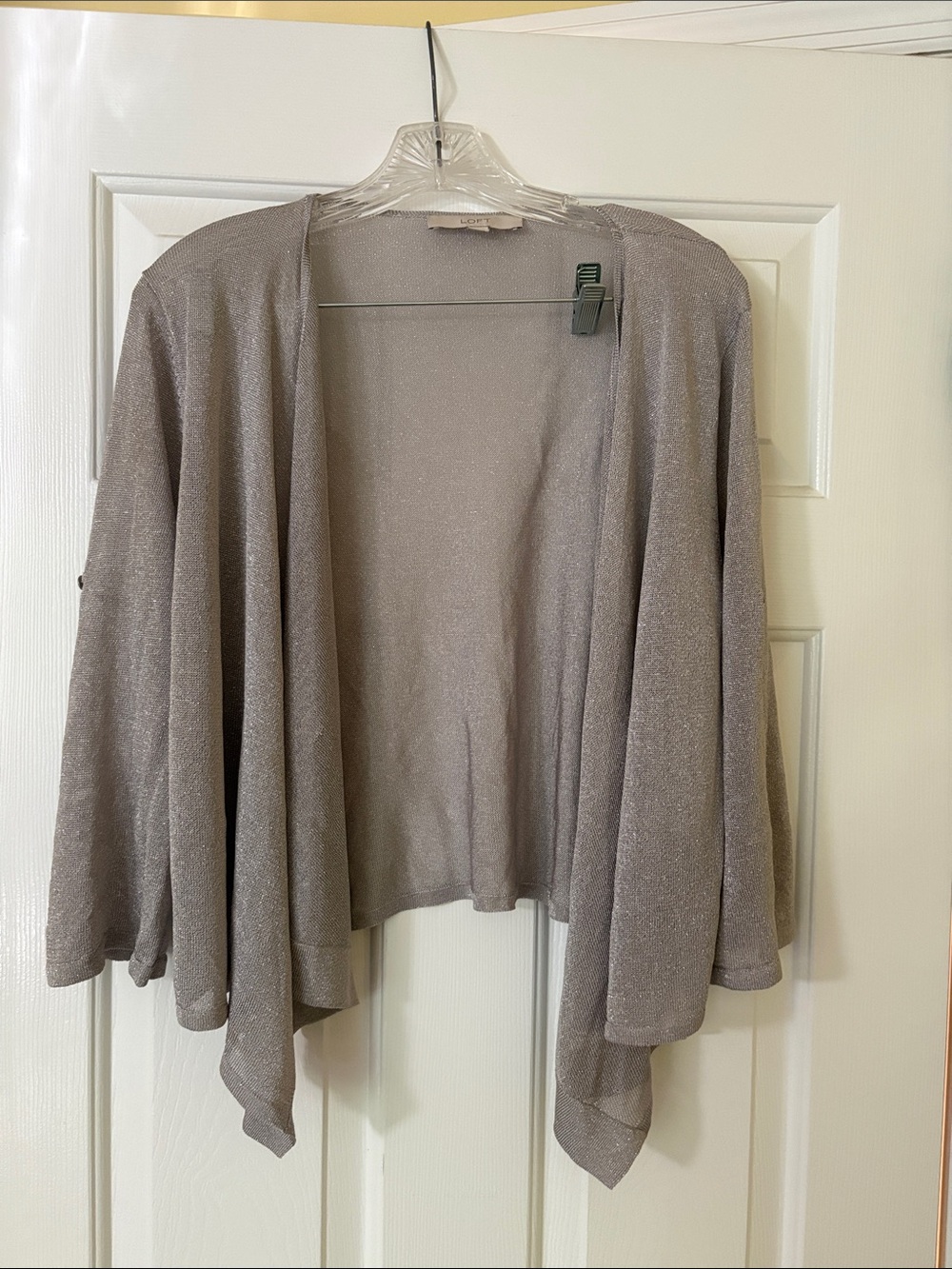 LOFT Silver-Gray Shimmery Open Front Cardigan